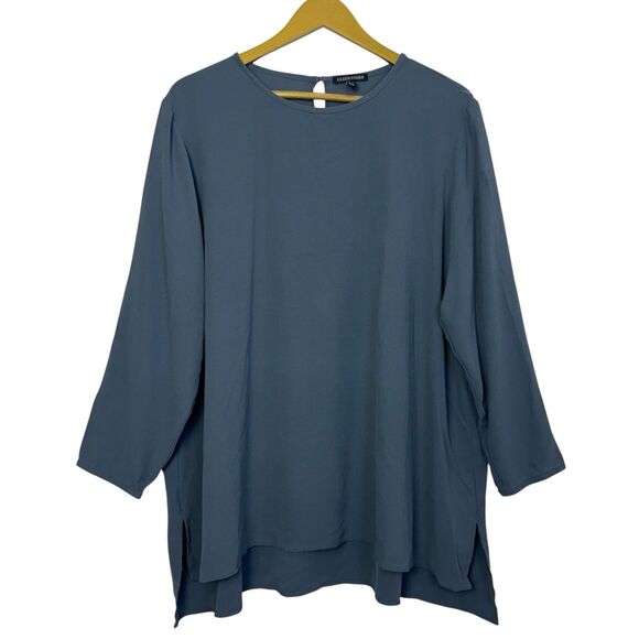 Eileen Fisher 100% Silk Tunic Top XL Gray Blue Minimalist Luxe Capsule Wardrobe - Picture 1 of 10